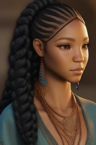 Metkayina OC female, hair in bohemian braids that curl slightly, looks like Jhene Aiko