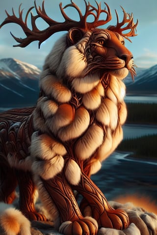 forest Tiger stands proudly on a frosty mountain peak, bathed in warm golden light of sunset. Framing the shot is a sweeping vista of rugged peaks and swirling clouds, with the tiger's powerful physique at its center. The shimmering white fur glows beneath the golden light, while piercing green eyes gleam with inner fire as it surveys the icy domain. In the background, misty valleys and towering evergreens stretch out to the horizon.