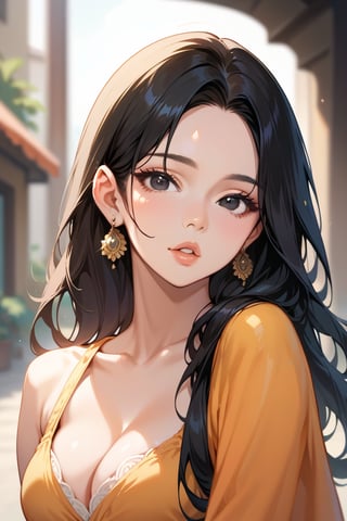 score_9,score_8_up,score_7_up, 1girl, solo, long hair, breasts, looking at viewer, black hair, cleavage, medium breasts, upper body, Earrings, parted lips, solo focus, blurry, black eyes, lips, blurry background, ground vehicle, realistic, nose