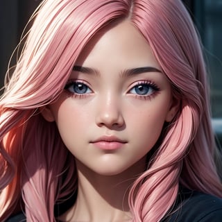 A girl (1.4), long pink hair, deep black eyes, smooth skin, delicate facial features, high quality, 2K