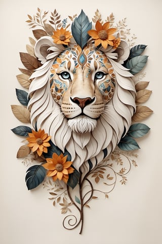 (full body) Paint a full-body picture of the perfect balance between art and nature, Incorporate elements like flowers, leaves, animals, stone lion roaming, and other natural patterns to create a unique and intricate design, symmetrical,perfect_symmetry,Leonardo Style,oni style, line_art,3d style, white background,vintagepaper