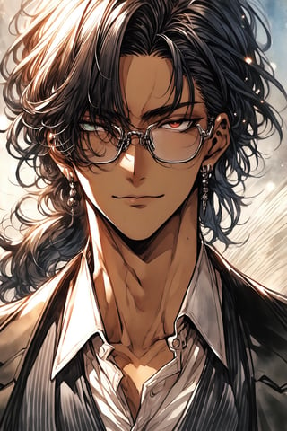 1guy, 30 years old, handsome, black hair, low ponytail hairstyle, tan_body, reading glasses, mole_under_mouth, sharp heterochromia eyes, toned_male, tall, mysterious, capable, professional vibe, butler, neutral facial expression, black suit, facing_viewer, head_portrait, head to shoulder photography, photorealistic, beautiful portrait, looking at the viewer, bokeh effect, masterpiece, highest-quality, intricate details ,aesthetic portrait,better photography,watercolor, Manhwa beautiful ,Expressive,watercolor \(medium\),manhwa