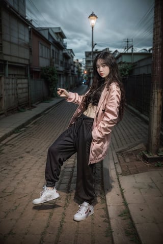 {{best quality}}, {{masterpiece}}, {{ultra-detailed}}, {illustration}, {detailed light}, {an extremely delicate and beautiful}, a girl,HoneyNwayOo,The image shows a young woman standing on a city street at night. She is wearing a pink shirt and an orange jacket, along with black sweatpants and sneakers. She has long, dark hair and appears to be posing against a lamppost, with the city lights visible in the background. The overall scene has a moody, atmospheric quality, with the lighting and shadows creating an interesting visual effect.