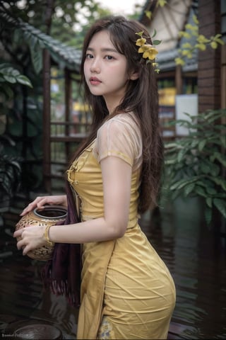 {{best quality}}, {{masterpiece}}, {{ultra-detailed}}, {illustration}, {detailed light}, {an extremely delicate and beautiful}, a girl,  messy floating hair, , side view of beautiful girl posing in rainning,holding,yellow flowers pot, feminine , yellow flowers trees background, depth of field,acmm ss outfit,Myanmar,PrettyLadyxmcc