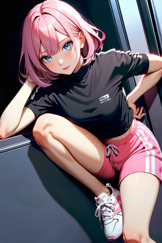 masterpiece, best quality 1girl, pale, pink hair, short hair, hair between eyes, black shirt, turtleneck, short sleeve, pink shorts, sneakers, standing