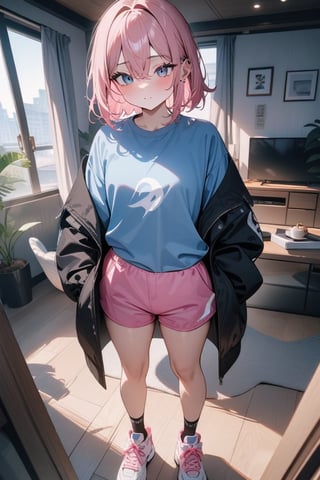 1girl, pale, pink hair, short hair, hair between eyes, black jacket, blue shirt, pink shorts, sneakers, standing, outside, living room, indoor, [fisheye lens:: 3], masterpiece, best quality, absurdres, very aesthetic, newest, General