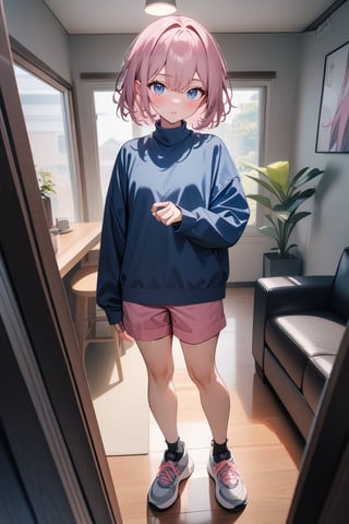 1girl, pale, pink hair, short hair, hair between eyes, black jacket, blue shirt, turtleneck, pink shorts, sneakers, standing, outside, living room, indoor, [fisheye lens:: 3], masterpiece, best quality, absurdres, very aesthetic, newest, General