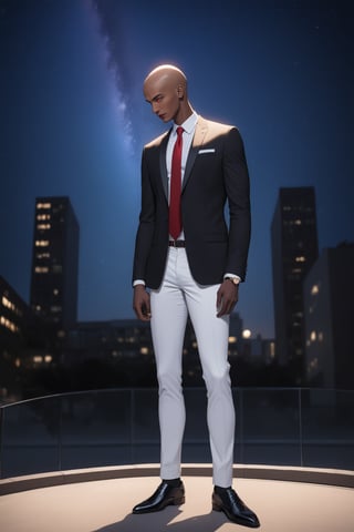 masterpiece, best quality 1boy, dark skin, slim, bald, forehead, black jacket, red necktie, white shirt, skinny pants, formal shoes, standing, outside, starry sky