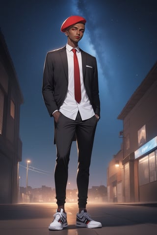 masterpiece, best quality 1boy, dark skin, slim, bald, beret hat, forehead, black jacket, red necktie, white shirt, skinny pants, sneakers, standing, outside, starry sky