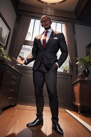 1boy, ((dark skin)), slim, bald, forehead, black jacket, red necktie, white shirt, black skinny pants, formal shoes, standing, outside, living room, indoor, [fisheye lens:: 3], masterpiece, best quality, absurdres, very aesthetic, newest, General