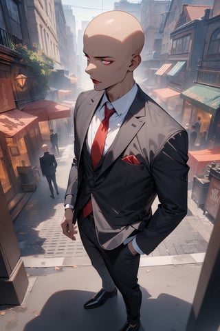 1boy, dark skin, slim, bald, forehead, black jacket, red necktie, white shirt, black skinny pants, formal shoes, standing, outside, city, masterpiece, best quality, absurdres, very aesthetic, newest, General