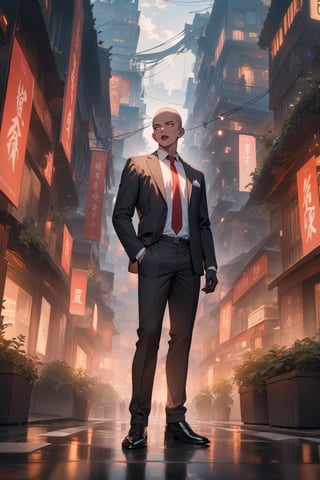 1boy, dark skin, slim, bald, forehead, black jacket, red necktie, white shirt, black skinny pants, formal shoes, standing, outside, city, masterpiece, best quality, absurdres, very aesthetic, newest, General