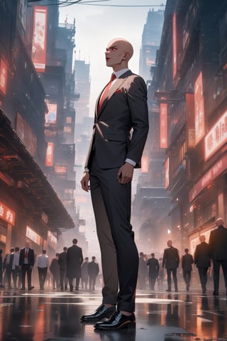 1boy, dark skin, slim, bald, forehead, black jacket, red necktie, white shirt, black skinny pants, formal shoes, standing, outside, city, masterpiece, best quality, absurdres, very aesthetic, newest, General