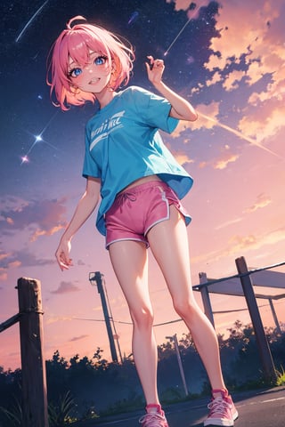 masterpiece, best quality, 1girl, pink hair, short hair, hair between eyes, blue shirt, short sleeve, pink shorts, sneakers, standing, outside, pink sky, starry sky, pastel colors