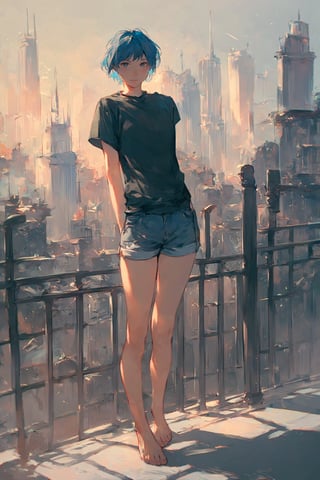 score_9_up, score_8_up, score_7_up, score_6_up, source_anime, high quality, 1girl, blue hair, short hair, shirt, short sleeve, shorts, barefeet, standing, dynamic pose, city, colorful details, ultra details, detailed background