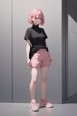 masterpiece, best quality 1girl, pale, pink hair, short hair, hair between eyes, black shirt, turtleneck, short sleeve, pink shorts, sneakers, standing