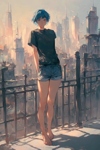 score_9_up, score_8_up, score_7_up, score_6_up, source_anime, high quality, 1girl, blue hair, short hair, shirt, short sleeve, shorts, barefeet, standing, dynamic pose, city, colorful details, ultra details, detailed background