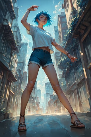 score_9_up, score_8_up, score_7_up, score_6_up, source_anime, high quality, 1girl, blue hair, short hair, shirt, short sleeve, shorts, sandals, standing, dynamic pose, city, colorful details, ultra details, detailed background,score_tag