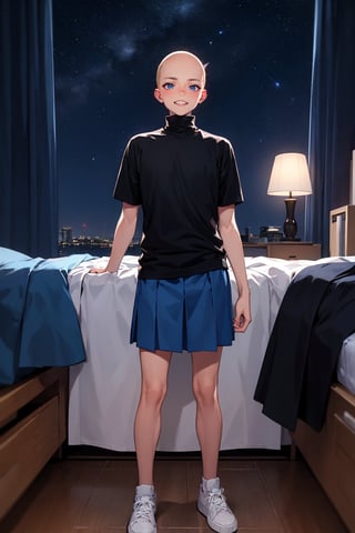 masterpiece, best quality, 1boy, male focus, bald, no hair, black shirt, turtleneck, short sleeve, blue skirt, sneakers, bedroom, night sky, starry sky, 