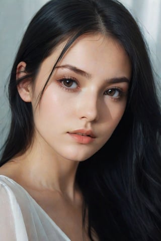 26 y.o. russian girl, eyeshadow, long eyelashes, (messy hair:0.6), film photography aesthetic, long black hair, dynamic composition, skin texture, sharp focus, hard shadows