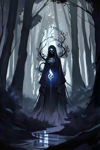 A shadowy figure with a humanoid torso and amalgamated animalistic limbs emerges from an aura of dark mist. Shadowy tendrils writhe around its body like living vines. Eyes aglow with malevolent intent, the being's human-like features are shrouded in darkness. Sorcery-laced shadows swirl around it, amplifying its eerie presence as it moves through a foreboding forest clearing, the only light coming from an otherworldly glow emanating from within.,glowneon