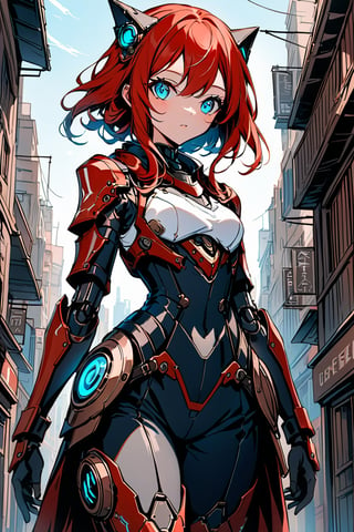 a clouseup shot of a humanoid android girl, in a steampunk armor, in a destoyed city, her face and body part are mechanical, her hair is blue with hair locks black, and her eyes are red, the armor have some guns in it.