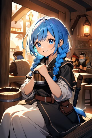 A medium shot of a dwarves girl, her bright blue hair styled in messy braids, proudly holds a massive battle-axe on her lap as she celebrates amidst the warm glow of a rustic tavern. The axe's intricate carvings glint under the soft lighting, while the girl's mischievous grin hints at tales of adventure and ale-fueled revelry.
