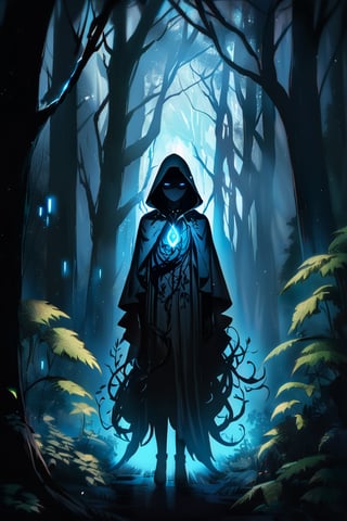 A shadowy figure with a humanoid torso and amalgamated animalistic limbs emerges from an aura of dark mist. Shadowy tendrils writhe around its body like living vines. Eyes aglow with malevolent intent, the being's human-like features are shrouded in darkness. Sorcery-laced shadows swirl around it, amplifying its eerie presence as it moves through a foreboding forest clearing, the only light coming from an otherworldly glow emanating from within.,glowneon