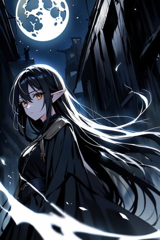 Close-up shot of a mysterious Dark Elf, lurking in the dark shadows of an abandoned mediaval street at night. Her raven-black hair, streaked with striking white locks, stands out against the eerie backdrop. The only illumination comes from a lone moon, casting an otherworldly glow that adds to the tragic atmosphere. The subject's enigmatic gaze seems to draw me in, as if she's beckoning me into her world of secrets and shadows.