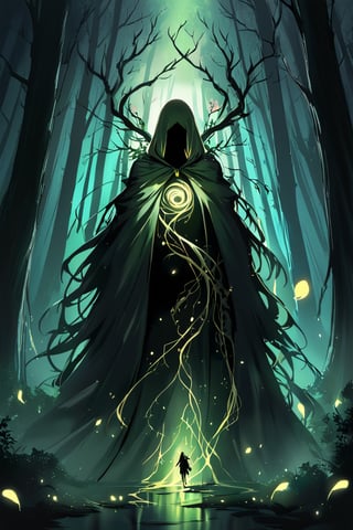 A shadowy figure with a humanoid torso and amalgamated animalistic limbs emerges from an aura of dark mist. Shadowy tendrils writhe around its body like living vines. Eyes aglow with malevolent intent, the being's human-like features are shrouded in darkness. Sorcery-laced shadows swirl around it, amplifying its eerie presence as it moves through a foreboding forest clearing, the only light coming from an otherworldly glow emanating from within.,glowneon