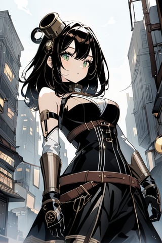 a clouseup shot of a humanoid android girl steam punk style, in a destoyed city. 