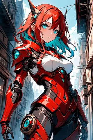 a clouseup shot of a humanoid android girl, in a steampunk armor, in a destoyed city, her face and body part are mechanical, her hair is red, and her eyes are cyan, the armor have some guns in it.