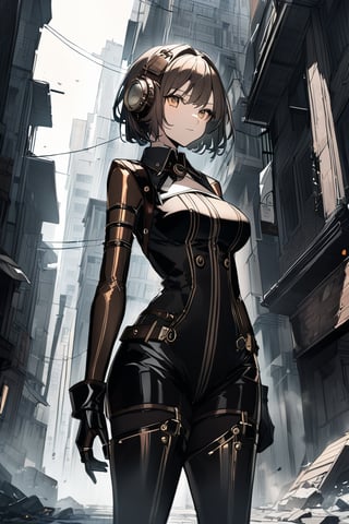 a medium shot of a humanoid android girl steam punk style, in a destoyed city. 