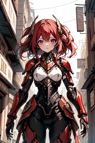 a clouseup shot of a humanoid android girl, in a steampunk armor, in a destoyed city, her face and body part are mechanical, her hair is white with hair locks purple, and her eyes are red, the armor have some guns in it.