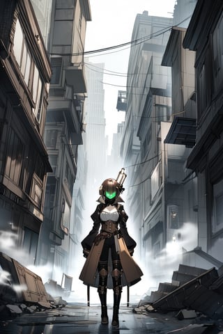 a medium shot of a humanoid android girl steam punk style, in a destoyed city.