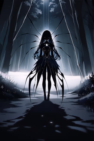 A medium shot of a mysterious girl standing in a dimly lit, misty forest. Her upper half appears as a beautiful young woman, but her lower body morphs into a spider figure, with eight delicate legs and intricate, feathery patterns. The lighting is moody, with soft shadows accentuating the unusual features. The subject's pose is subtle, yet captivating, as she gazes off-camera, her expression a blend of curiosity and unease.