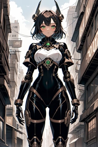 a clouseup shot of a humanoid android girl steam punk style, in a destoyed city, her face and body part are mechanical. 