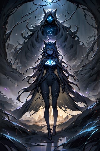 A shadowy figure with a humanoid torso and amalgamated animalistic limbs emerges from an aura of dark mist. Shadowy tendrils writhe around its body like living vines. Eyes aglow with malevolent intent, the being's human-like features are shrouded in darkness. Sorcery-laced shadows swirl around it, amplifying its eerie presence as it moves through a foreboding desert clearing, the only light coming from an otherworldly glow emanating from within.,glowneon