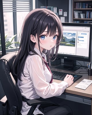 (masterpiece), 1girl, office, computer