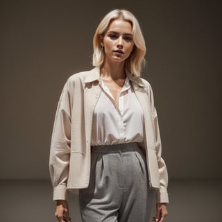 A beautiful chic women wearing shirt and jacket and formal pant dress, subtle makeup, platinum blonde hair, confident pose, realism and full body, photorealistic, ,Extremely Realistic,(PnMakeEnh),
masterpiece, high quality realistic, aesthetic photo, pore and detailed, intricate detailed, graceful and beautiful textures, RAW photo, 16K,Technology