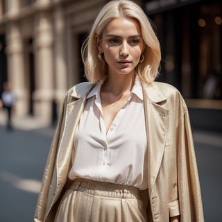 A beautiful chic women wearing shirt and jacket and formal pant dress, subtle makeup, platinum blonde hair, confident pose, realism and full body, photorealistic, ,Extremely Realistic,(PnMakeEnh),
masterpiece, high quality realistic, aesthetic photo, pore and detailed, intricate detailed, graceful and beautiful textures, RAW photo, 16K,Technology