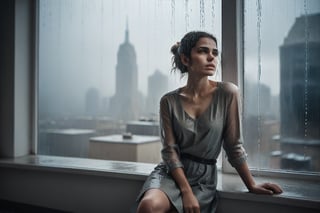 image in cold tones of a young beautiful woman sitting in a cafe, next to a window contemplating the rain over the city. seen elegant, sensual, and revealing clothes