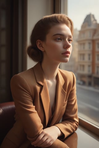 image in warm tones of a young beautiful woman sitting in a cafe next to a window from where she contemplates the city. seen sensual, revealing and classy clothes