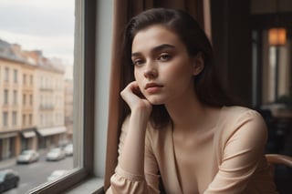 image in warm tones of a young beautiful woman sitting in a cafe next to a window from where she contemplates the city. seen sensual, revealing and classy clothes