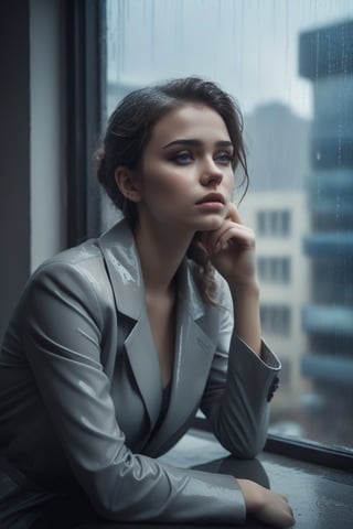 image in cold tones of a young beautiful woman sitting in a cafe, next to a window contemplating the rain over the city. seen elegant, sensual, and revealing clothes
