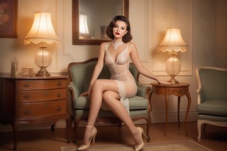 A beautiful young woman in a vintage setting, posing flirtatiously and boldly in her home. She is wearing elegant, transparent, sexy and revealing clothing that captures a retro style. The outfit might include a fitted very transparent dress with lace or silk details, high heels, and vintage accessories. She stands or sits in a tastefully decorated room with vintage furniture and decor, such as a classic armchair, a wooden vanity, and antique lamps. The lighting is soft and warm, creating a nostalgic and intimate atmosphere,1girl,baby face woman