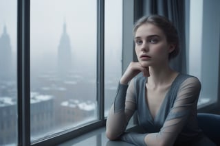 image in cold tones of a young beautiful woman sitting in a cafe, next to a window contemplating the city. seen elegant, sensual, and revealing clothes