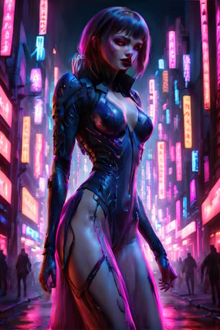 image with red lighting, violet shadows and pink lights, a very young vampire woman, wearing sensual, revealing and transparent clothing, searches for victims in the city,LegendDarkFantasy