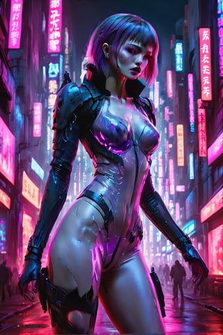 image with red lighting, violet shadows and pink lights, a very young vampire woman, wearing sensual, revealing and transparent clothing, searches for victims in the city,
