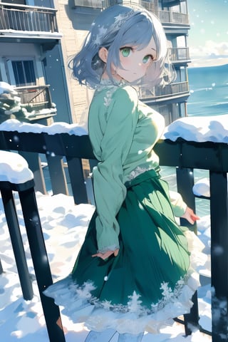 snow season, balcony background, sea, long Sleeve sweater, long Lace skirt, short, hair, wavy hair, green eyes, hand touch railing stair, 